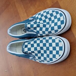 Vans slip on blue (turquoise) & white.  Size 7.5 women 6 men EUC